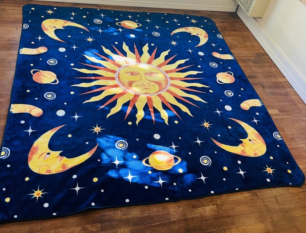 Vintage 90s Celestial Sun Moon Stars Plush Blanket Whimsigoth Y2K 87x83